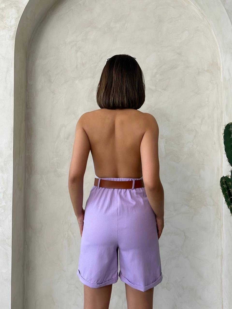 Kemerli gabardin şort lila s25735