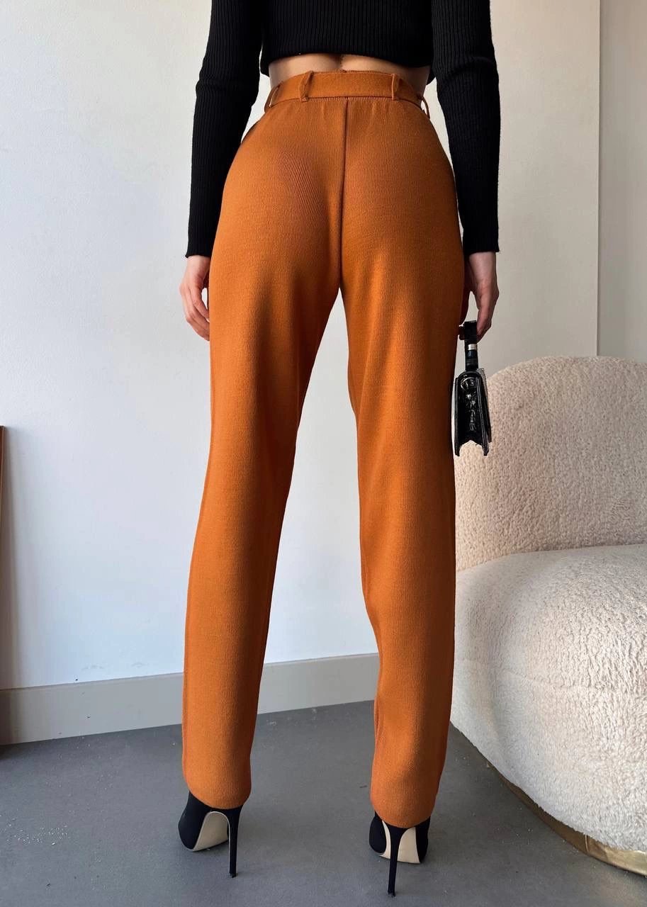 Kendinden kemerli triko pantolon camel