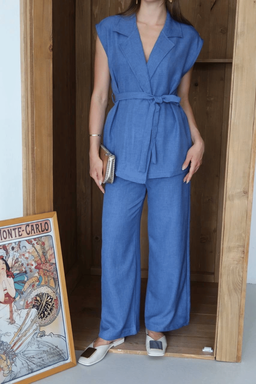 Keten yelek pantolon takım indigo pt
