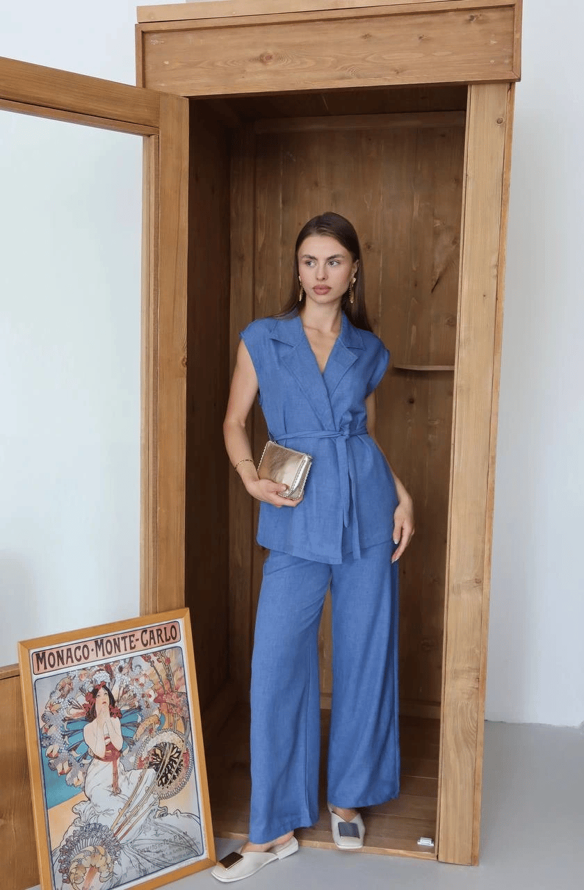 Keten yelek pantolon takım indigo pt