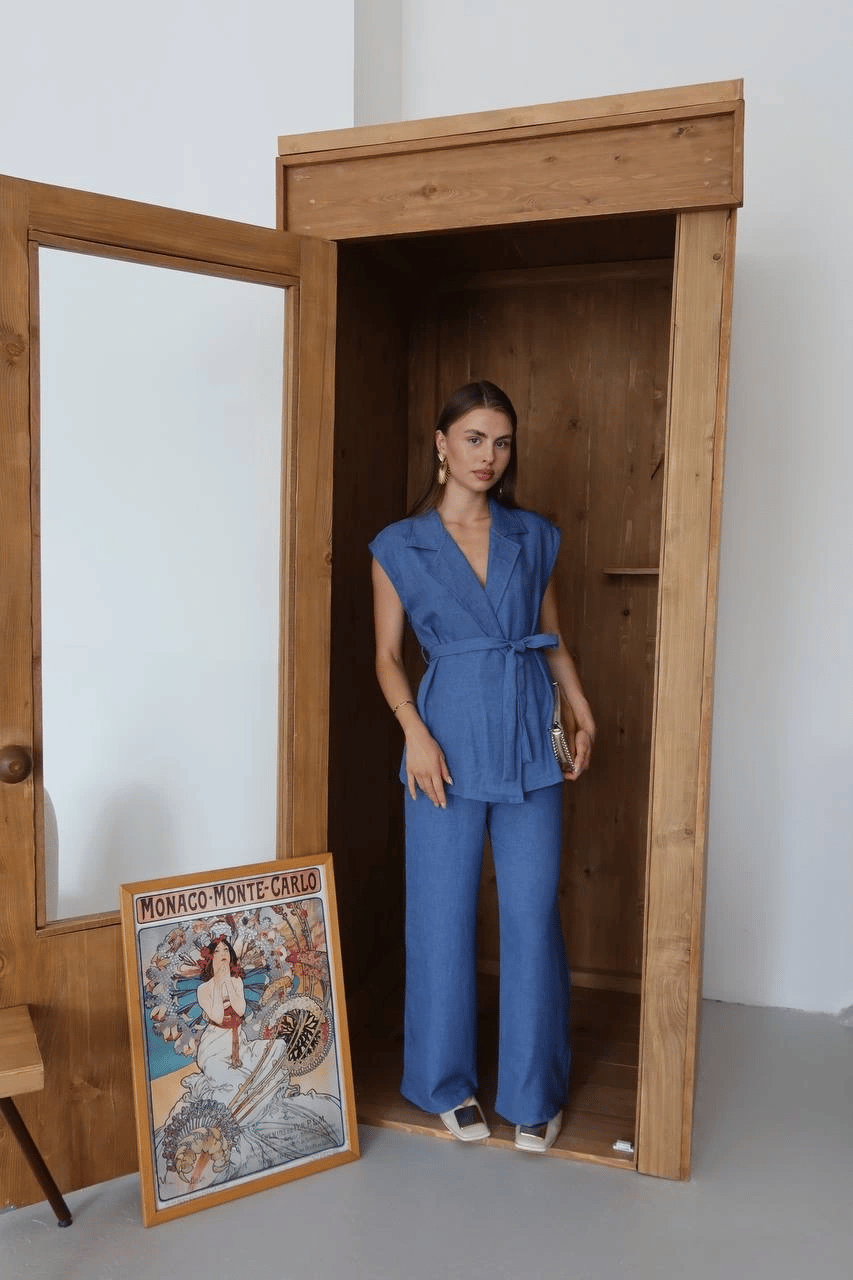Keten yelek pantolon takım indigo pt