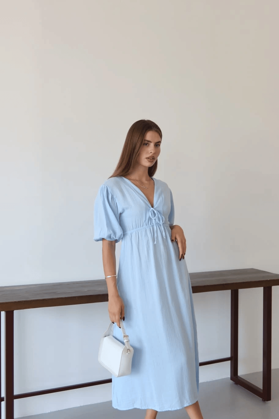 Kısa kollu müslin elbise mavi pt