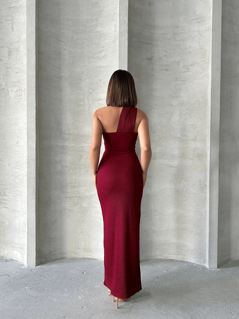 Krinkıl tek omuz uzun elbise bordo s25455
