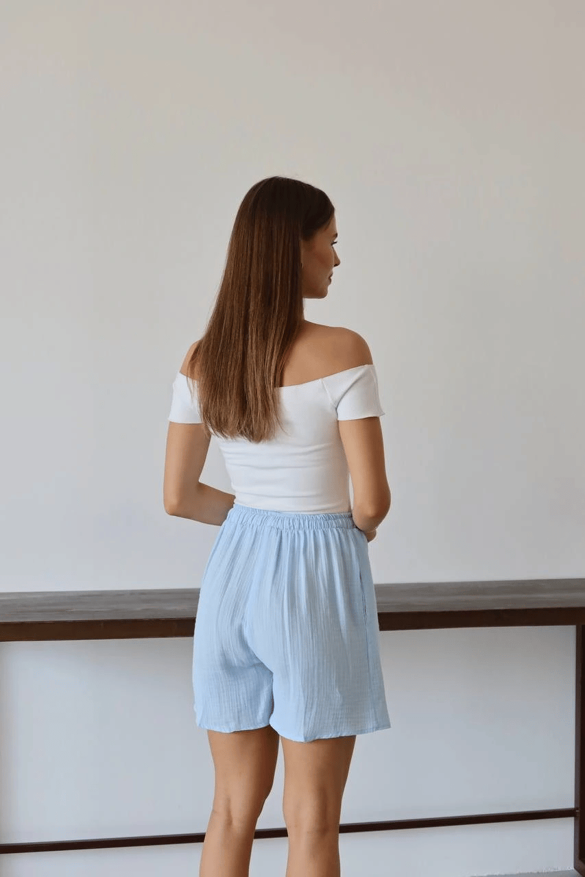 Müslin kumaş şort bağcıklı mavi pt