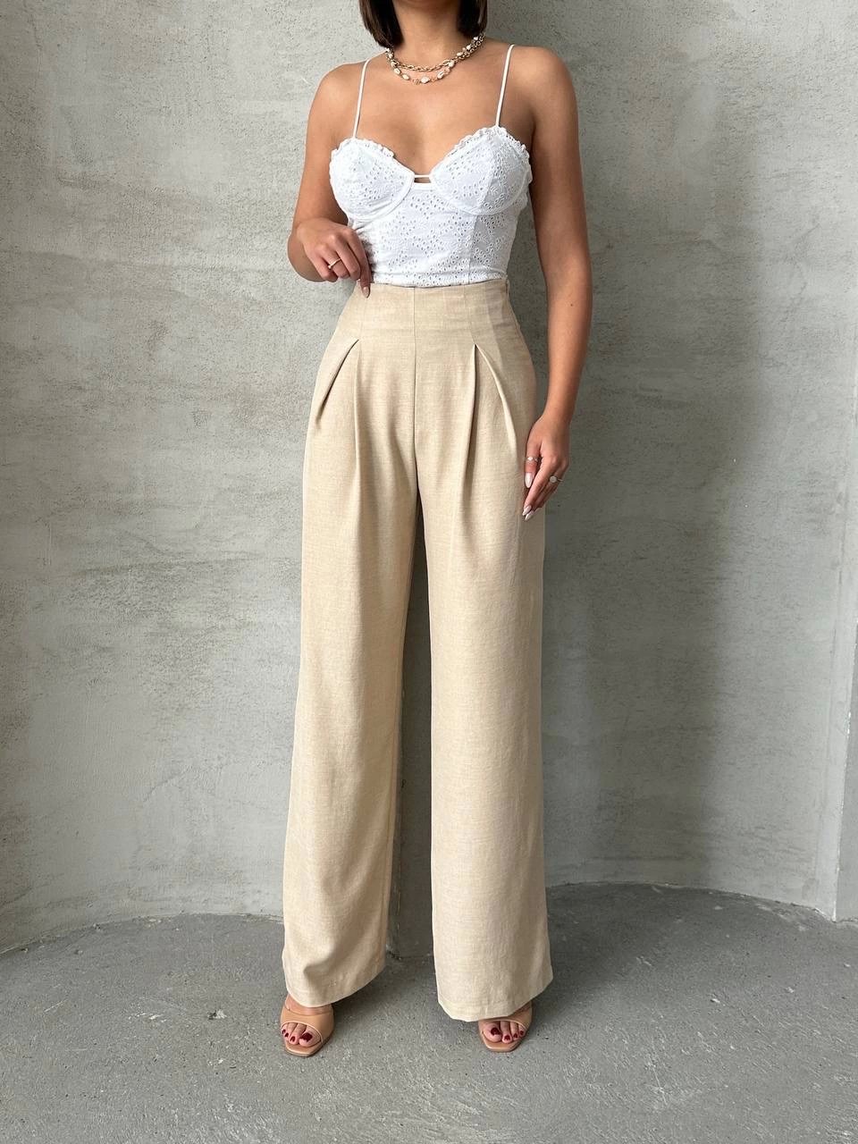 Pileli keten pantolon s255046