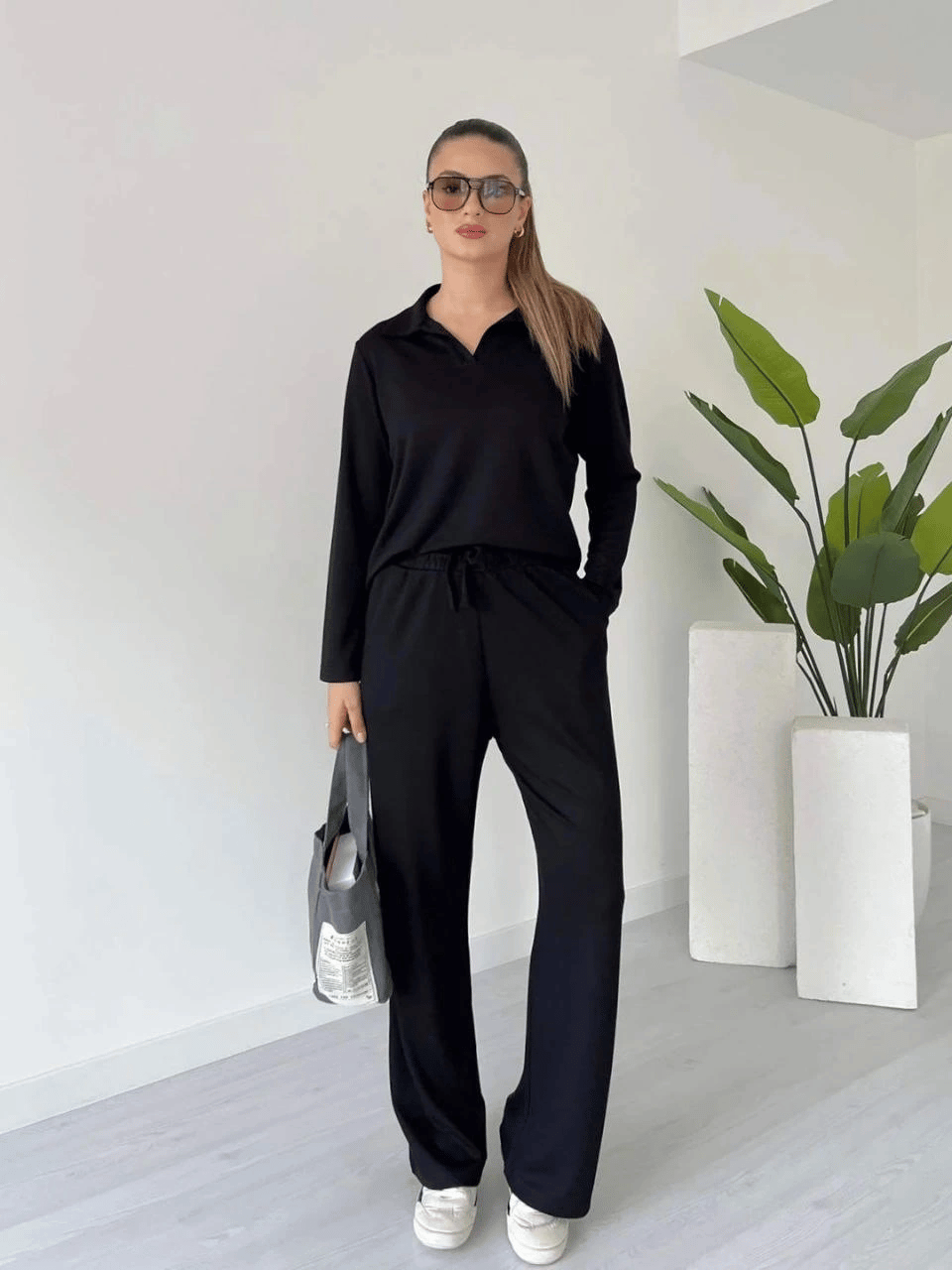 Polo yaka alt üst kollu modal takım siyah pt