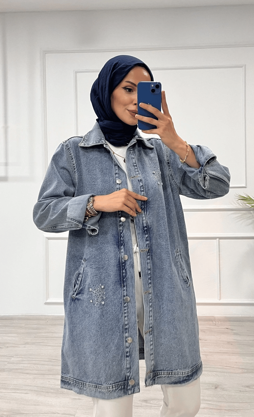 Taşlı tunik ceket kar yıkamalı mavi d2516
