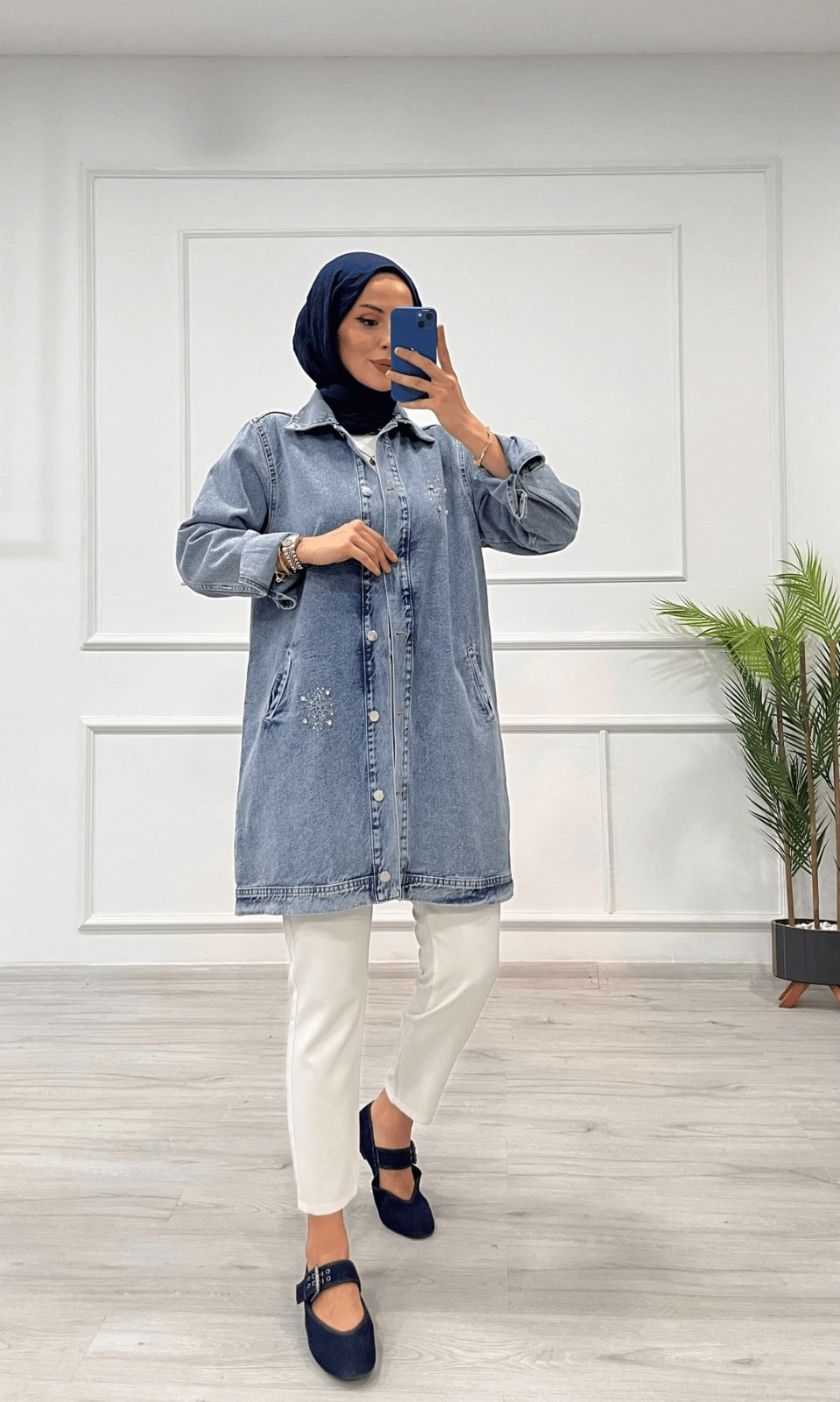 Taşlı tunik ceket kar yıkamalı mavi d2516