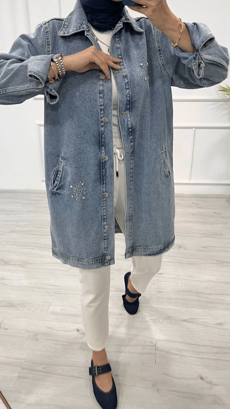 Taşlı tunik ceket kar yıkamalı mavi d2516