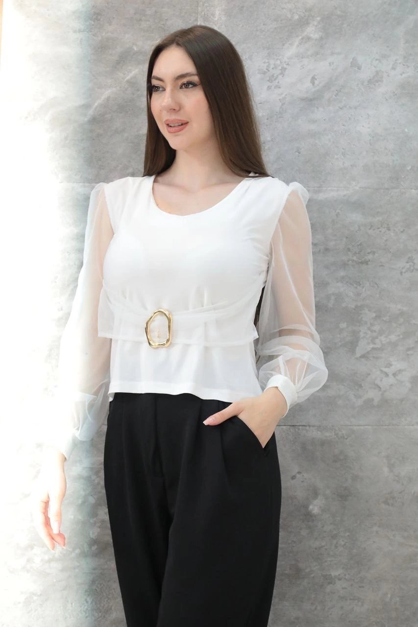 Tokalı tül kollu bluz beyaz t4071