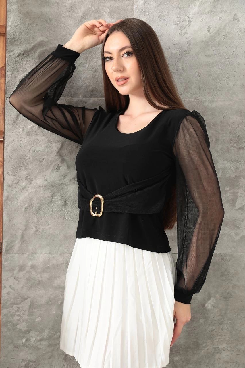 Tokalı tül kollu bluz siyah t4071