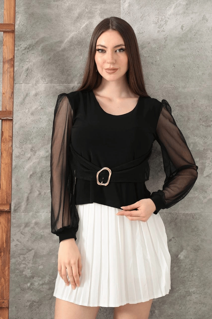 Tokalı tül kollu bluz siyah t4071