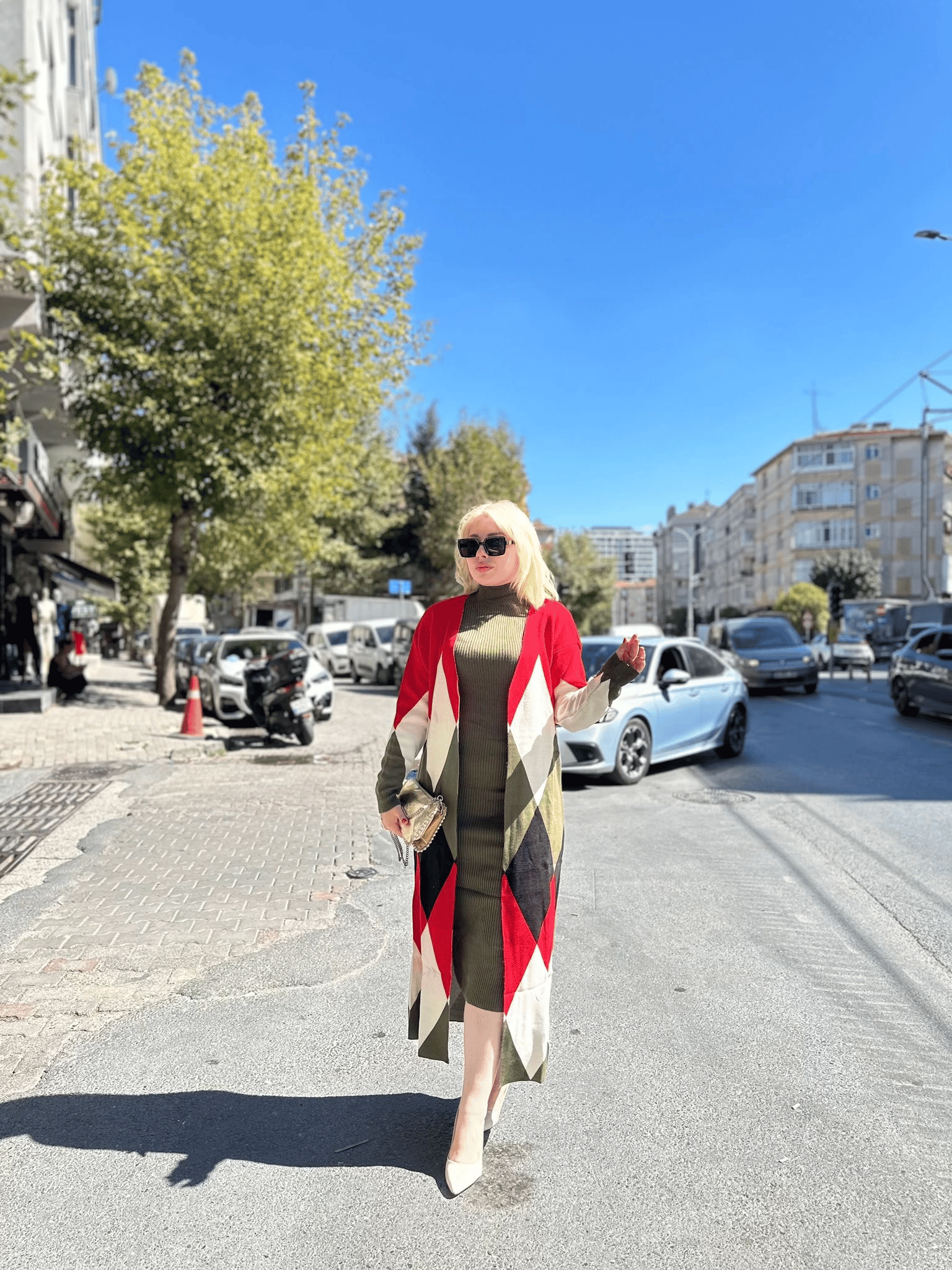 Uzun hırka içi elbise ikili triko takım ekose baklava desen haki kırmızı