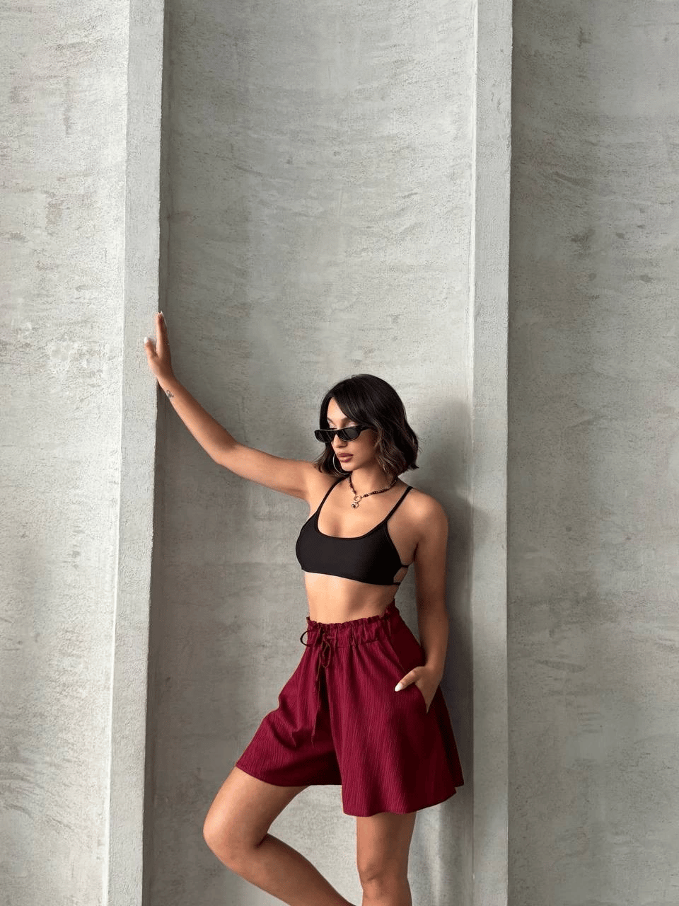 Volanlı keten şort bordo s255058