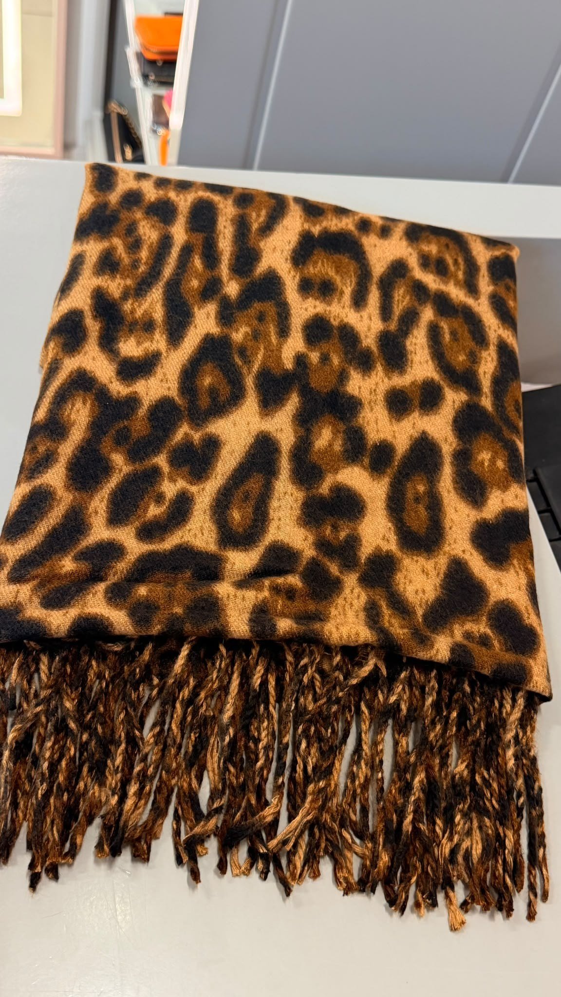 Leopar Desenli Kahverengi Pashmima Şal 70x200