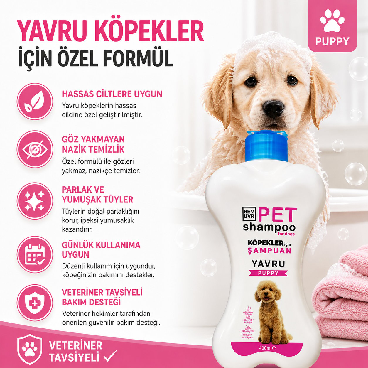  Puppy Yavru Köpek Şampuanı 400 ml | Hassas Ciltler İçin Nazik Temizlik | Parlak ve Yumuşak Tüy Etkisi