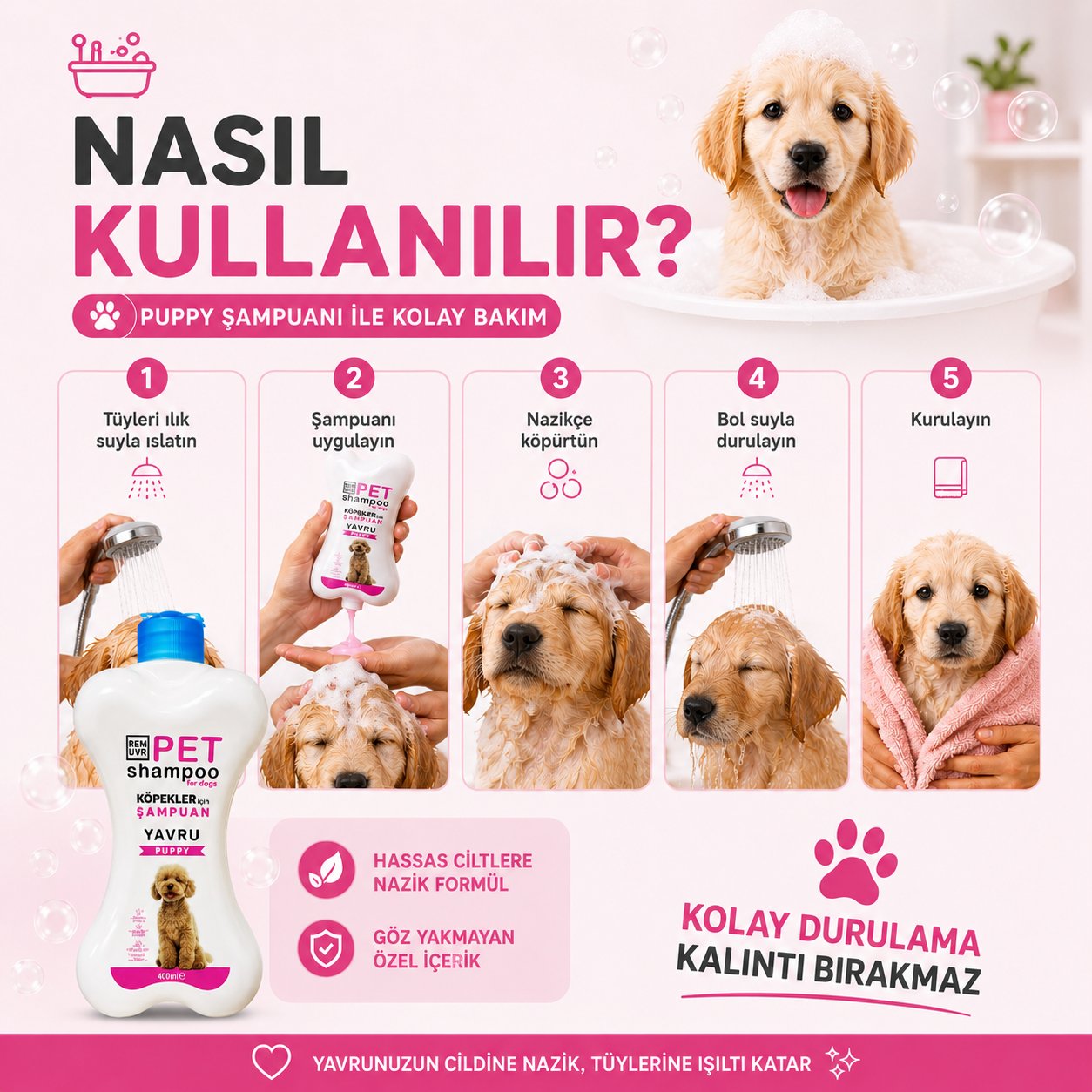  Puppy Yavru Köpek Şampuanı 400 ml | Hassas Ciltler İçin Nazik Temizlik | Parlak ve Yumuşak Tüy Etkisi