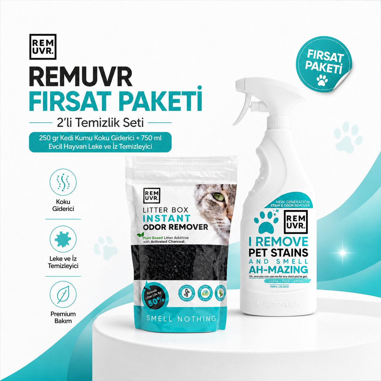 2'li Temizlik Seti 250 gr Kedi Kumu Koku Giderici + 750 ml Evcil Hayvan Leke ve İz Temizleyici Sprey