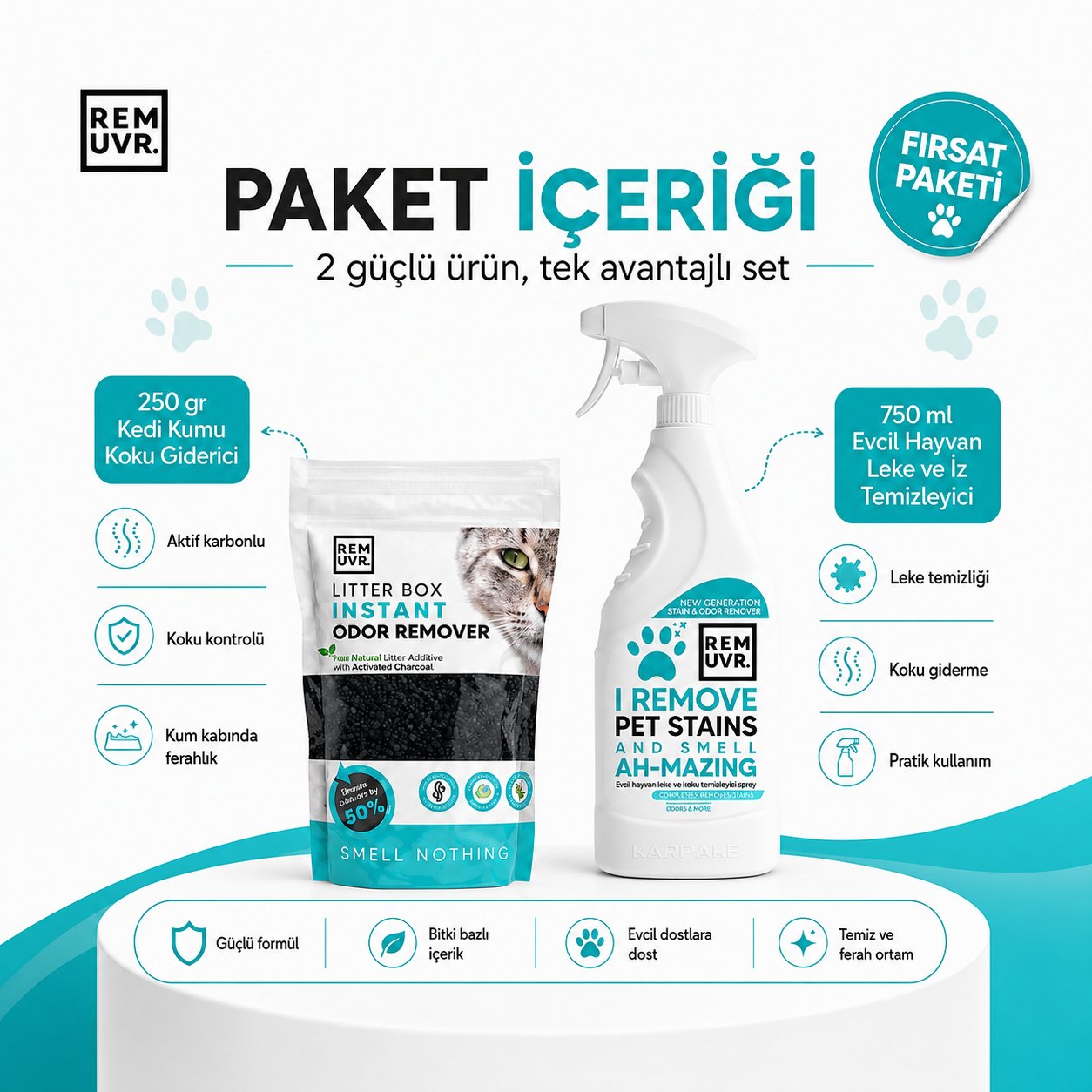 2'li Temizlik Seti 250 gr Kedi Kumu Koku Giderici + 750 ml Evcil Hayvan Leke ve İz Temizleyici Sprey