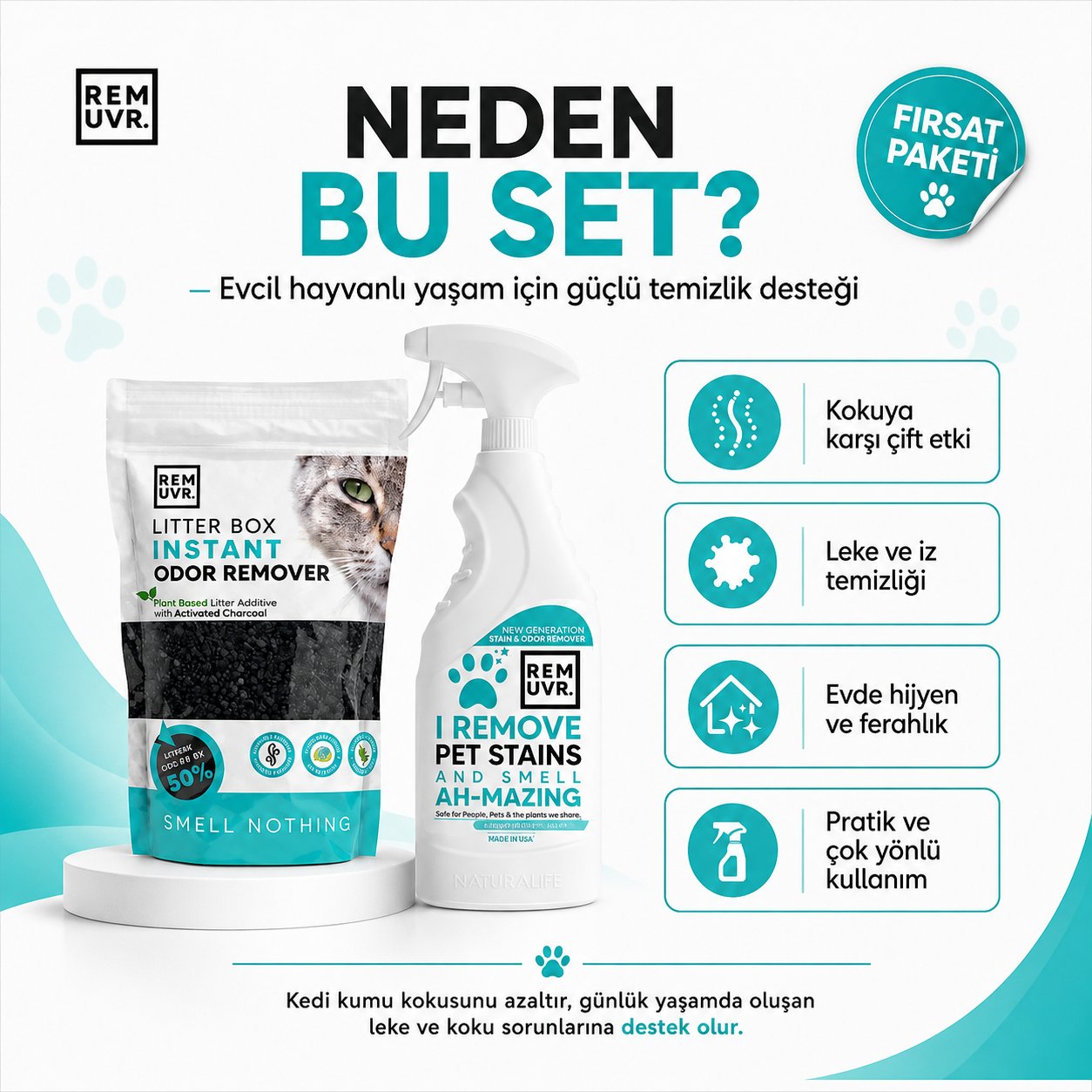 2'li Temizlik Seti 250 gr Kedi Kumu Koku Giderici + 750 ml Evcil Hayvan Leke ve İz Temizleyici Sprey