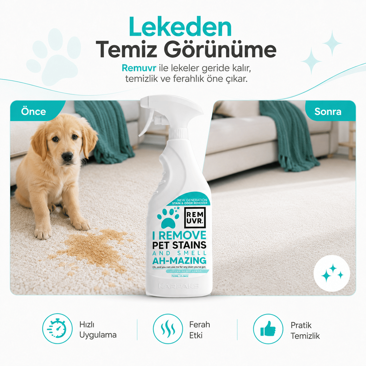 Evcil Hayvan Leke ve Koku Giderici Sprey 750 ml Kedi Köpek İdrar Lekesi Temizleyici