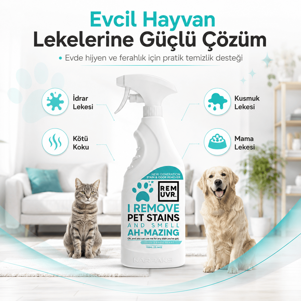 Evcil Hayvan Leke ve Koku Giderici Sprey 750 ml Kedi Köpek İdrar Lekesi Temizleyici