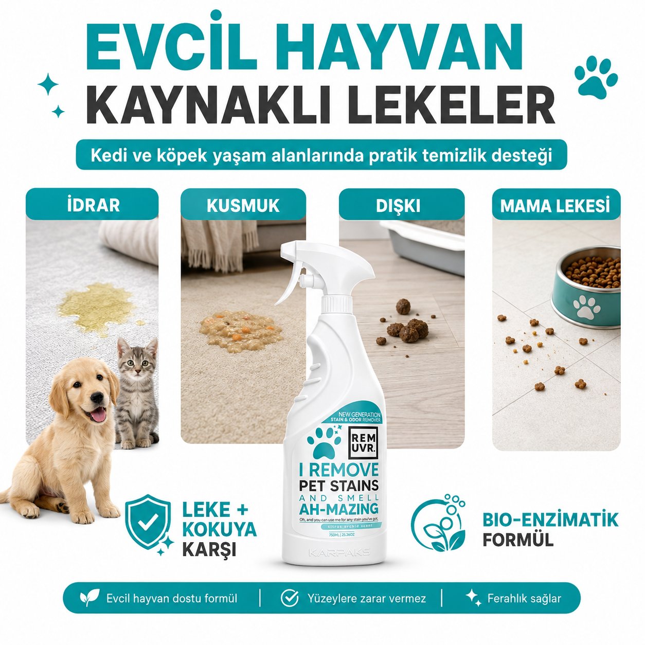 Evcil Hayvan Leke ve Koku Giderici Sprey 750 ml Kedi Köpek İdrar Lekesi Temizleyici