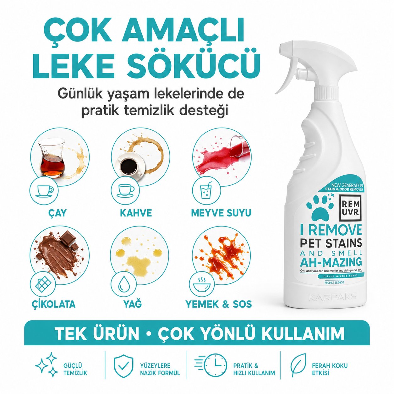 Evcil Hayvan Leke ve Koku Giderici Sprey 750 ml Kedi Köpek İdrar Lekesi Temizleyici