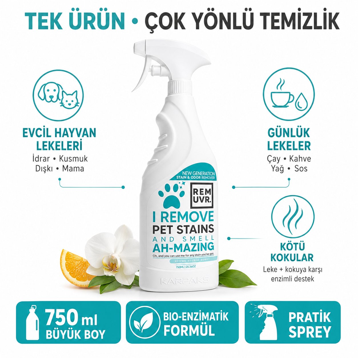 Evcil Hayvan Leke ve Koku Giderici Sprey 750 ml Kedi Köpek İdrar Lekesi Temizleyici