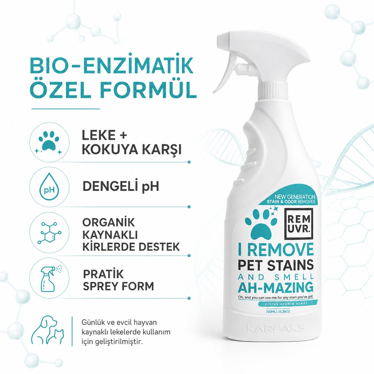 Evcil Hayvan Leke ve Koku Giderici Sprey 750 ml Kedi Köpek İdrar Lekesi Temizleyici