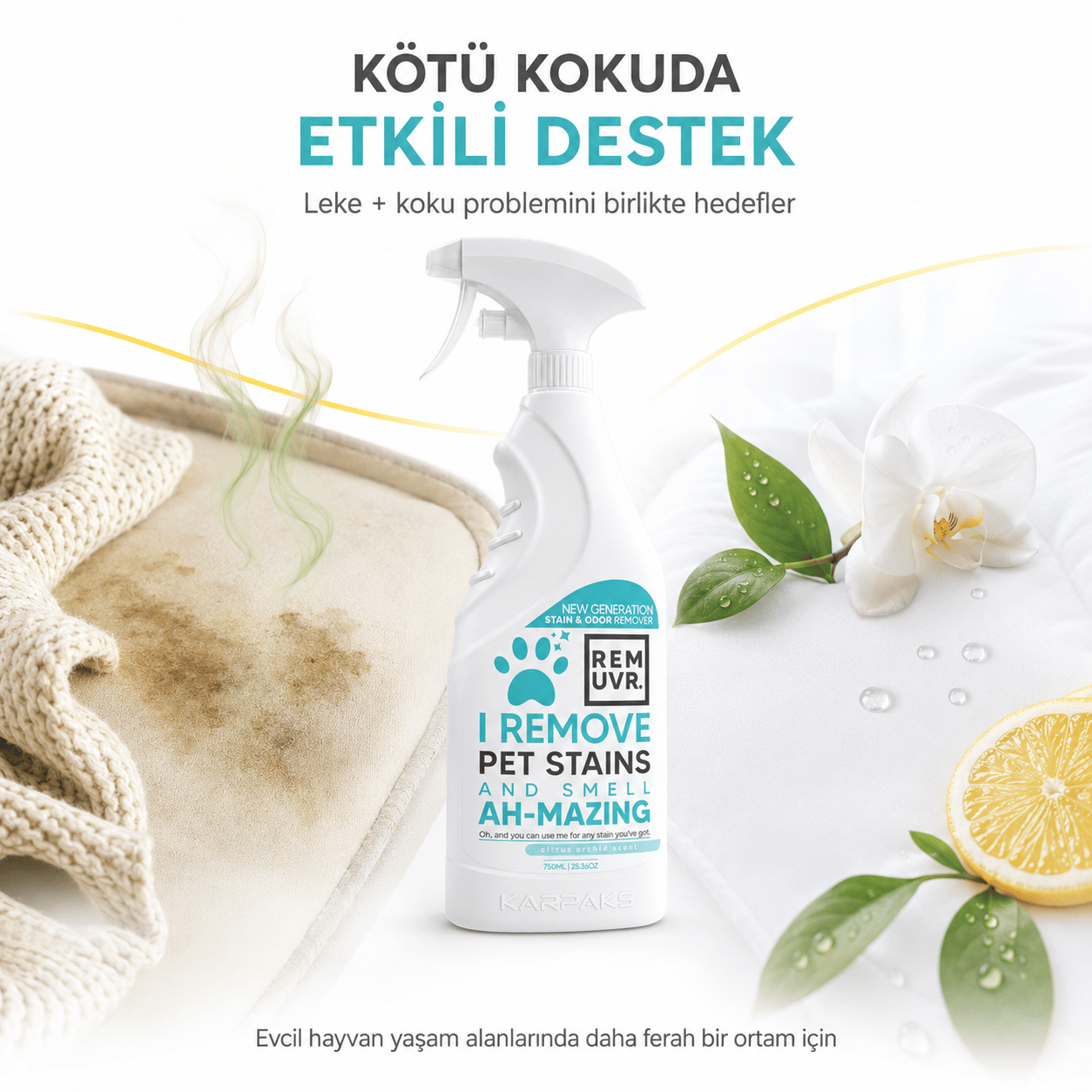 Evcil Hayvan Leke ve Koku Giderici Sprey 750 ml Kedi Köpek İdrar Lekesi Temizleyici