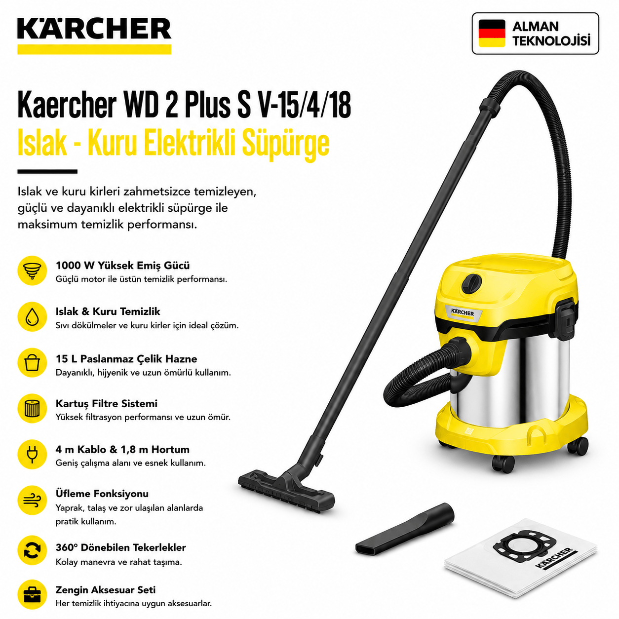 Kaercher WD 2 Plus S V-15/4/18 Islak - Kuru Elektrikli Süpürge
