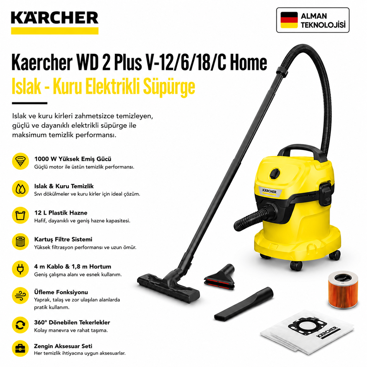 Kaercher WD 2 Plus V-12/6/18/C Home Islak - Kuru Elektrikli Süpürge