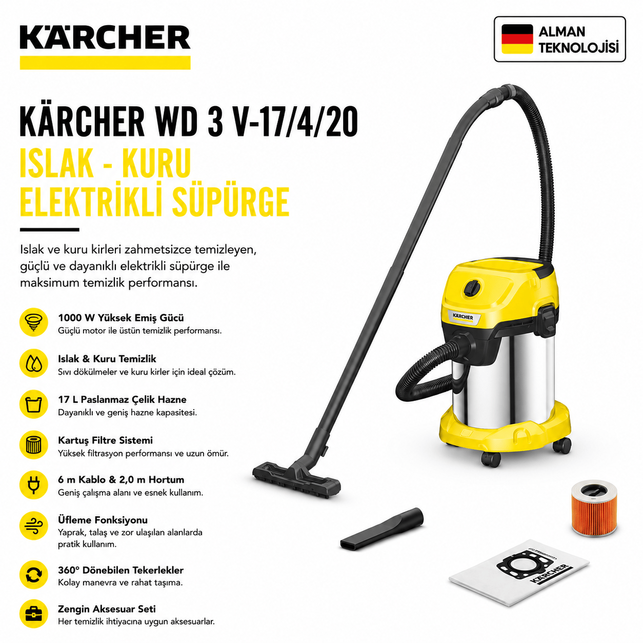 Kaercher WD 3 V-17/4/20 Islak - Kuru Elektrikli Süpürge