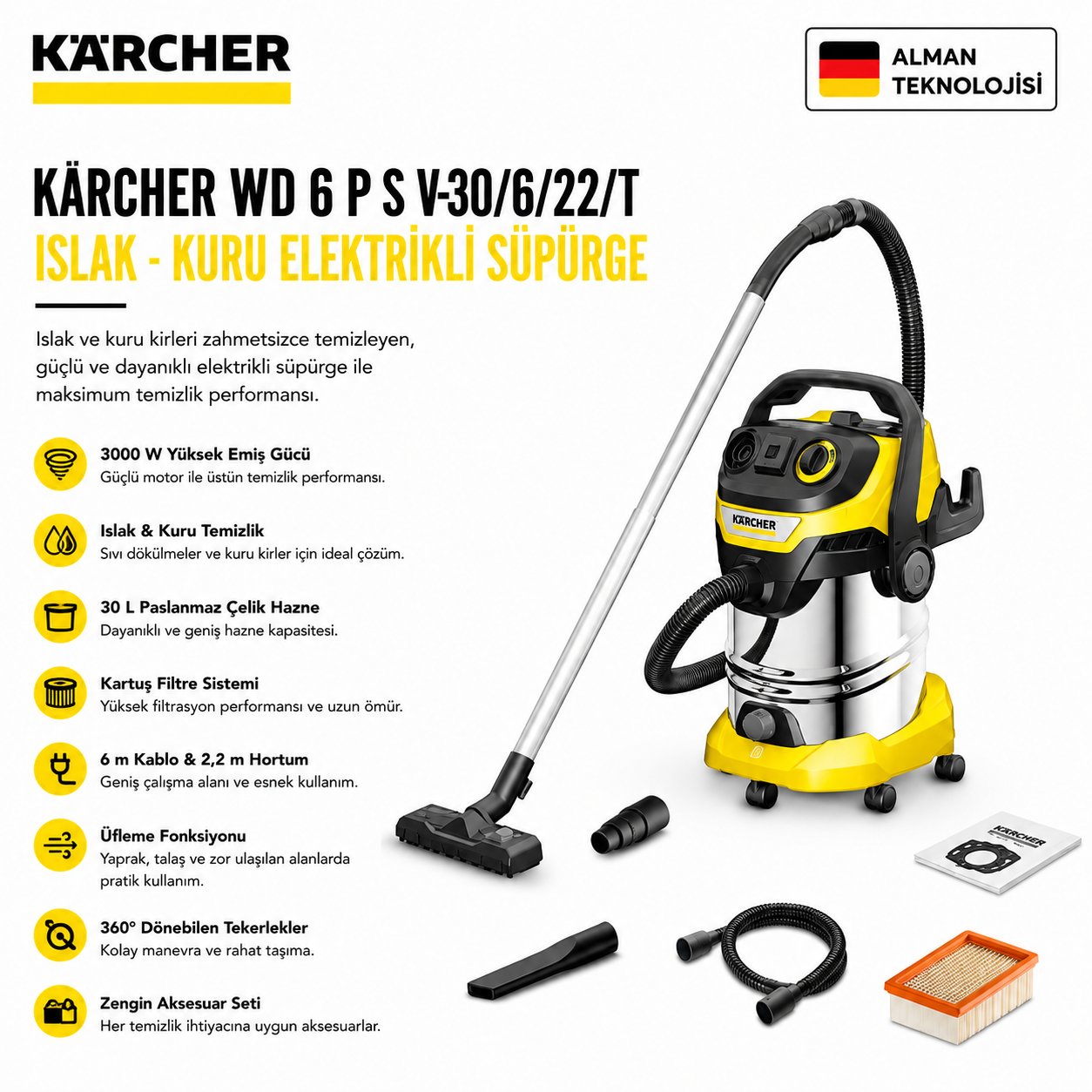 Kaercher WD 6 P S V-30/6/22/T Islak - Kuru Elektrikli Süpürge