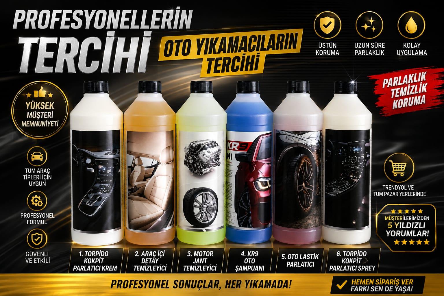 Karpaks Auto Series Profesyonel Oto Bakım Seti – Torpido Parlatıcı, Araç İçi Detay Temizleyici, KR9 Oto Şampuanı, Lastik Parlatıcı