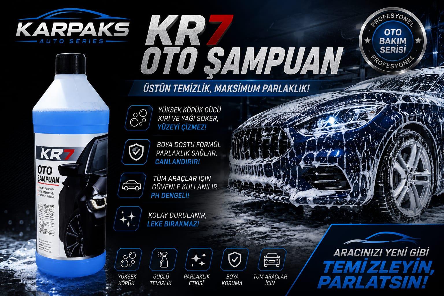 KARPAKS KR7 Oto Şampuan 1 LT | Yoğun Köpüklü Araç Yıkama Şampuanı