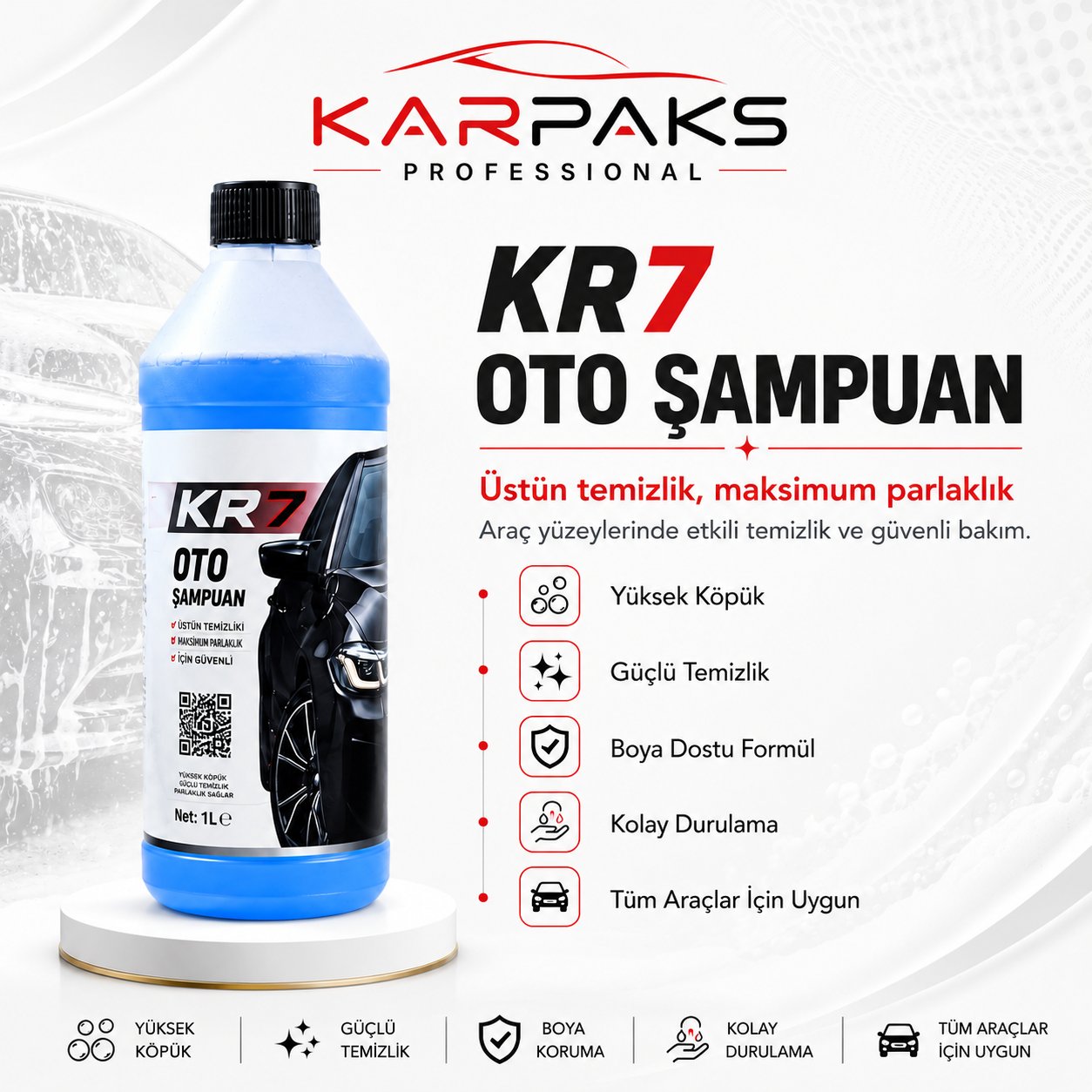 KARPAKS KR7 Oto Şampuan 1 LT | Yoğun Köpüklü Araç Yıkama Şampuanı