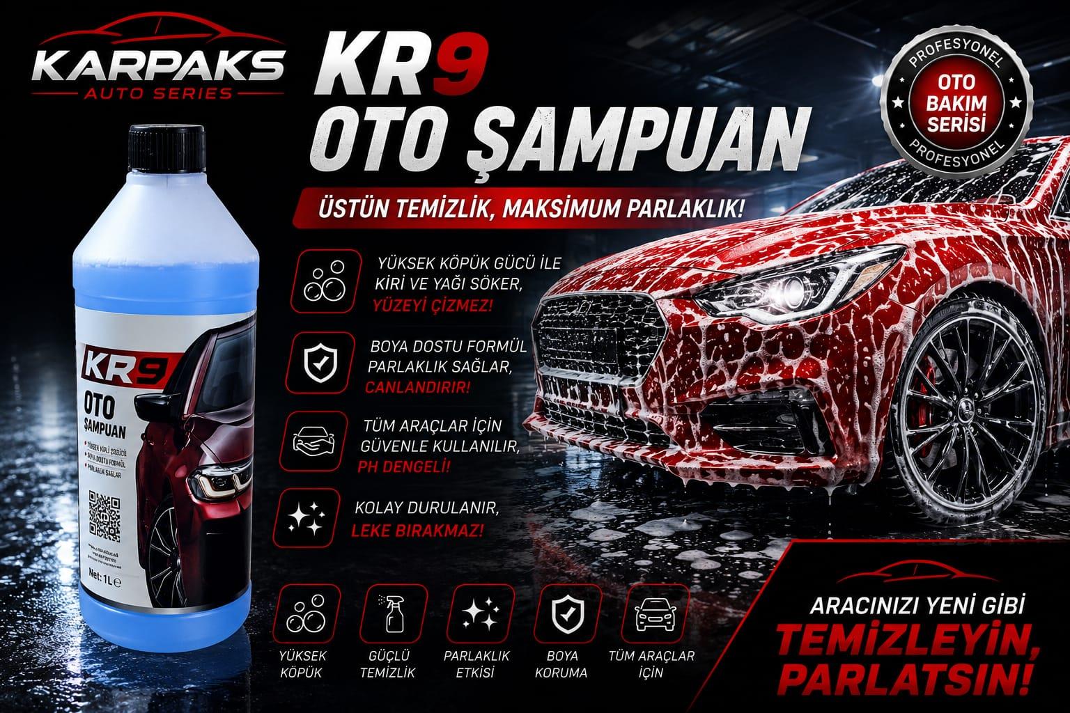 KARPAKS KR9 Oto Şampuan 1 LT | Yoğun Köpüklü Profesyonel Araç Şampuanı