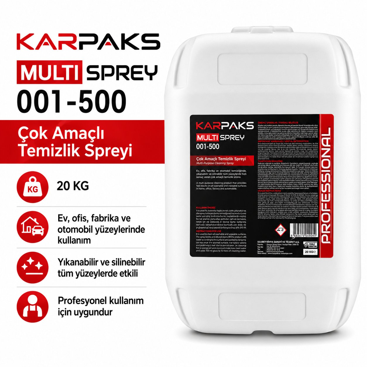 Karpaks Multi Sprey 001-500 Çok Amaçlı Temizlik Ürünü 20 KG