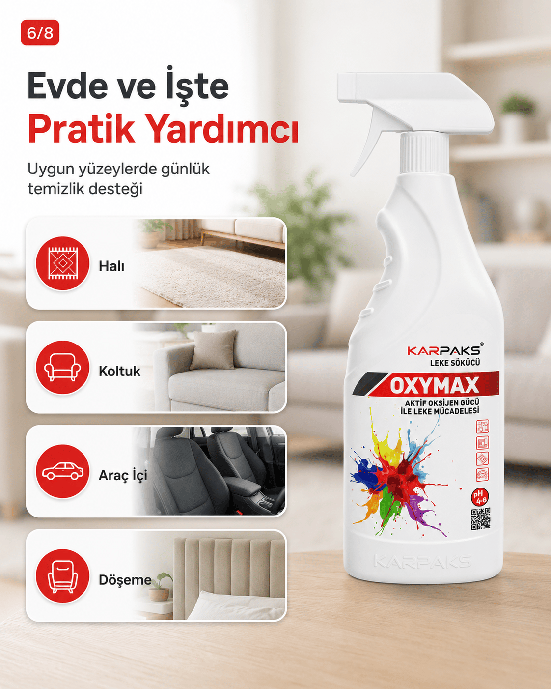 Karpaks Oxymax Leke Sökücü Sprey 750 ml Aktif Oksijen Gücü Halı Koltuk Kumaş Araç İçi Döşeme Temizleyici