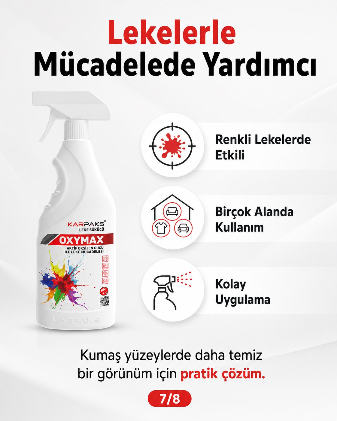 Karpaks Oxymax Leke Sökücü Sprey 750 ml Aktif Oksijen Gücü Halı Koltuk Kumaş Araç İçi Döşeme Temizleyici