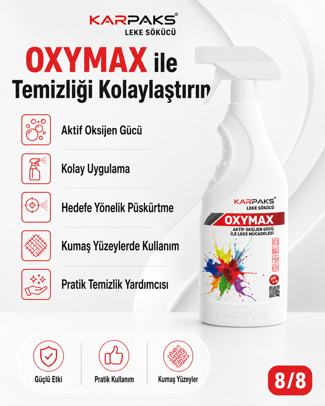Karpaks Oxymax Leke Sökücü Sprey 750 ml Aktif Oksijen Gücü Halı Koltuk Kumaş Araç İçi Döşeme Temizleyici