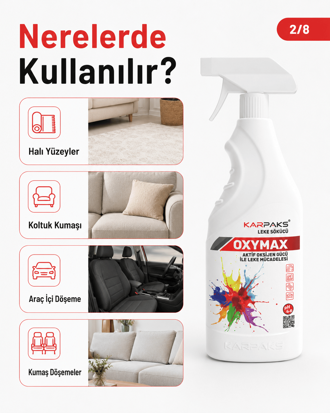 Karpaks Oxymax Leke Sökücü Sprey 750 ml Aktif Oksijen Gücü Halı Koltuk Kumaş Araç İçi Döşeme Temizleyici