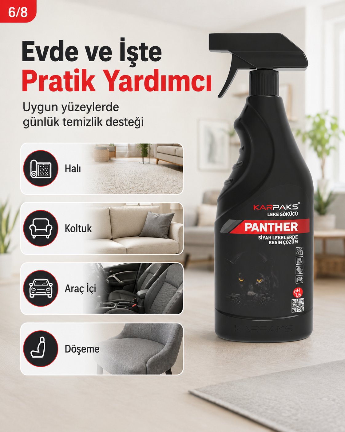 Karpaks Panther Siyah Leke Sökücü Sprey 750 ml Halı Koltuk Kumaş Araç İçi Döşeme Leke Temizleyici