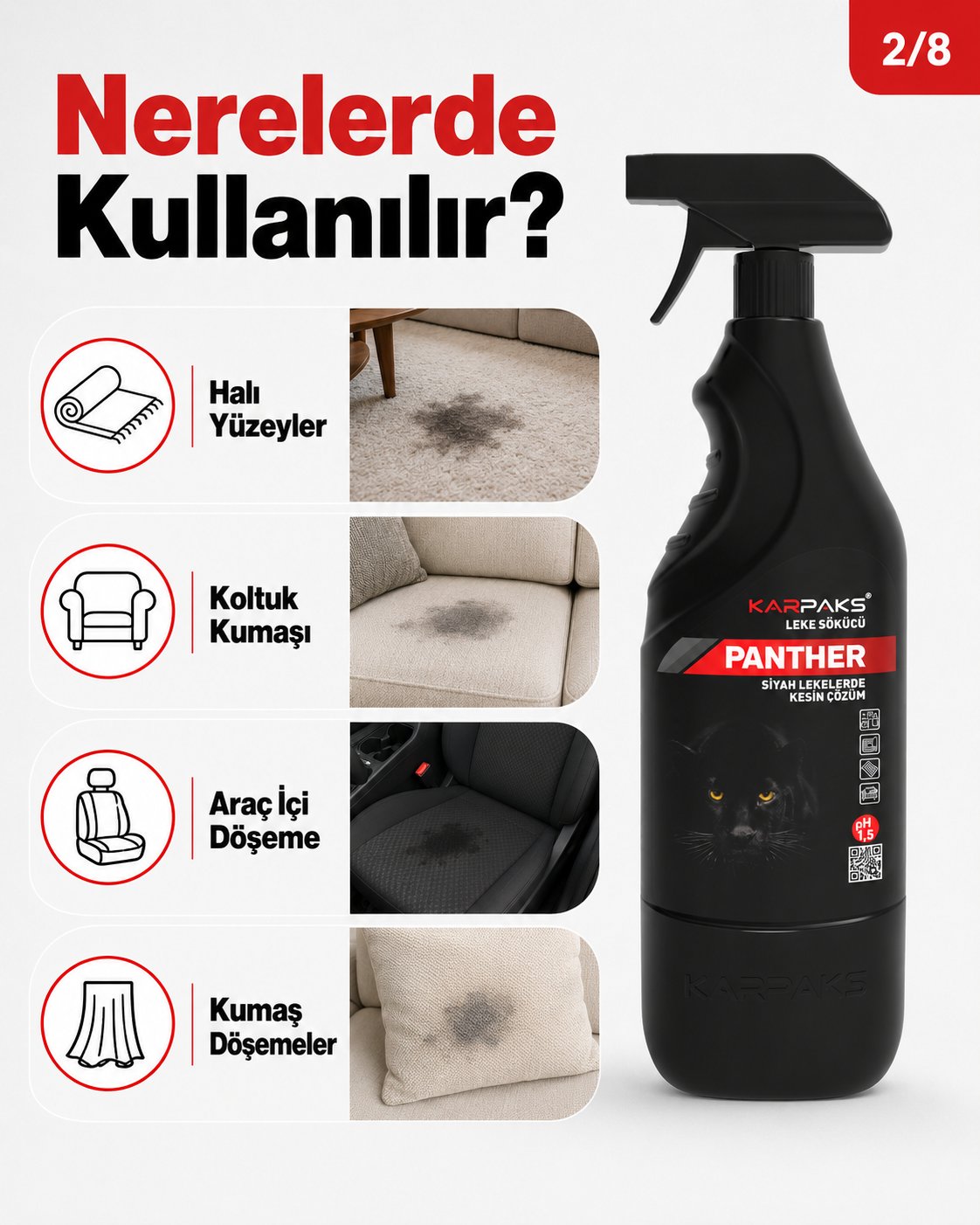 Karpaks Panther Siyah Leke Sökücü Sprey 750 ml Halı Koltuk Kumaş Araç İçi Döşeme Leke Temizleyici