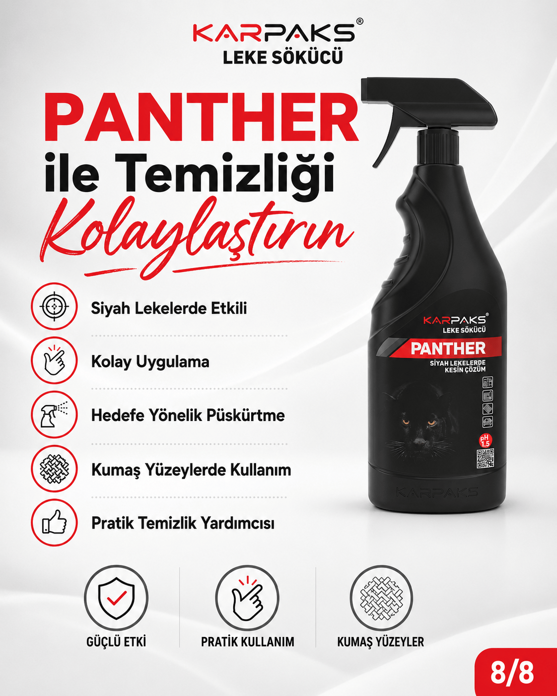 Karpaks Panther Siyah Leke Sökücü Sprey 750 ml Halı Koltuk Kumaş Araç İçi Döşeme Leke Temizleyici