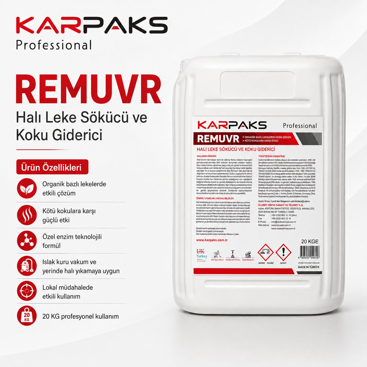 Karpaks Remuvr Enzimli Halı Leke Sökücü ve Koku Giderici 20 KG – Organik Lekeler İçin