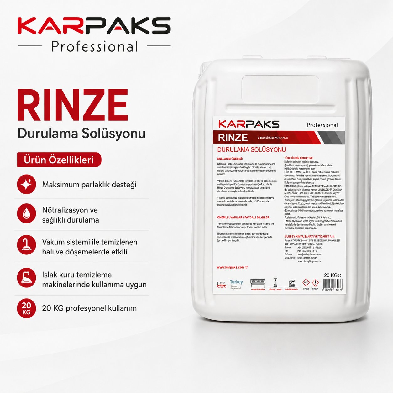 Karpaks Rinze Profesyonel Halı Durulama Solüsyonu 20 KG – Parlaklık ve Nötralizasyon Desteği