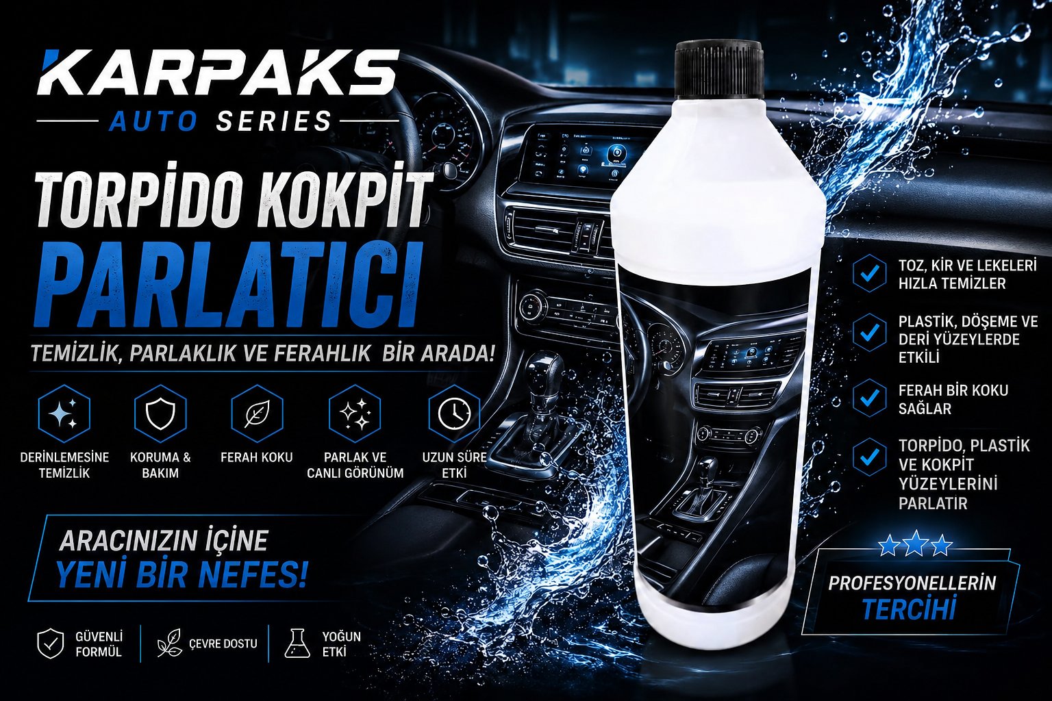 KARPAKS Torpido Kokpit Parlatıcı 1 LT | Araç İçi Plastik Yenileyici ve Parlatıcı